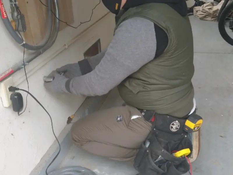 Electrician performing outlet wiring in a Middle garage